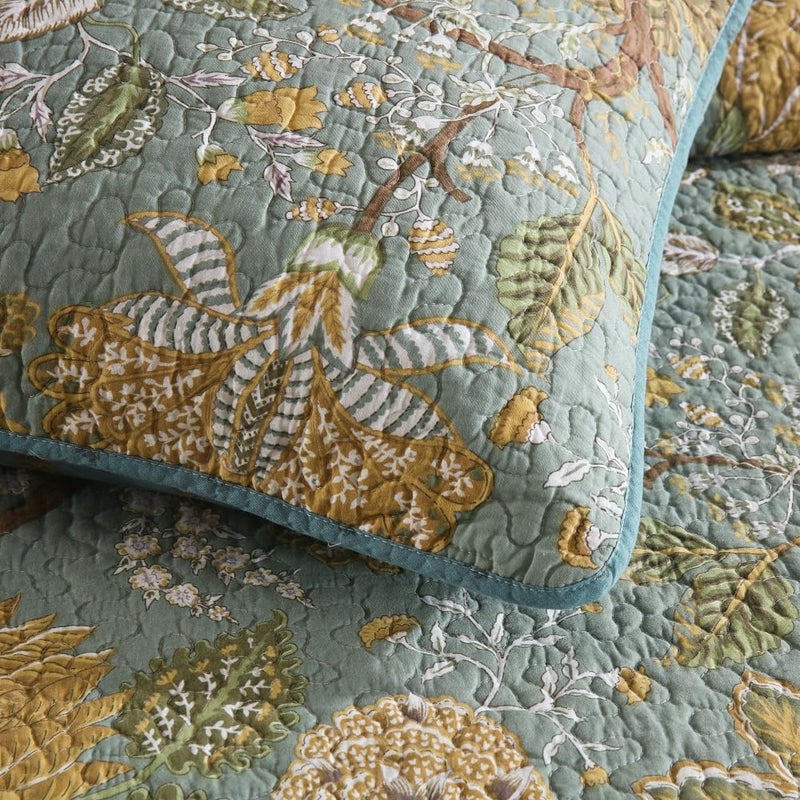 ENASAL Cotton Bedspread Quilt Sets Reversible Bedding Coverlet Sets Comforter, Vintage Floral Farmhouse Pastoral Turquoise Bedspread, King Size - Image 5