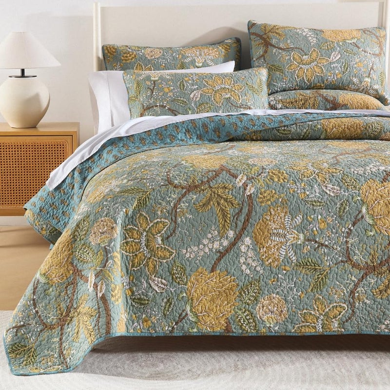 ENASAL Cotton Bedspread Quilt Sets Reversible Bedding Coverlet Sets Comforter, Vintage Floral Farmhouse Pastoral Turquoise Bedspread, King Size - Image 2