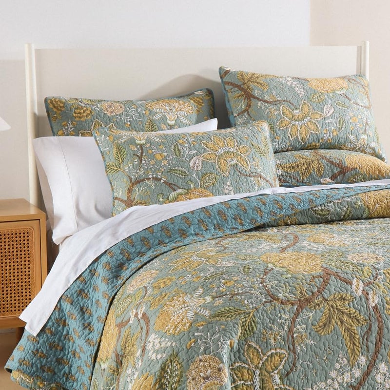 ENASAL Cotton Bedspread Quilt Sets Reversible Bedding Coverlet Sets Comforter, Vintage Floral Farmhouse Pastoral Turquoise Bedspread, King Size - Image 4