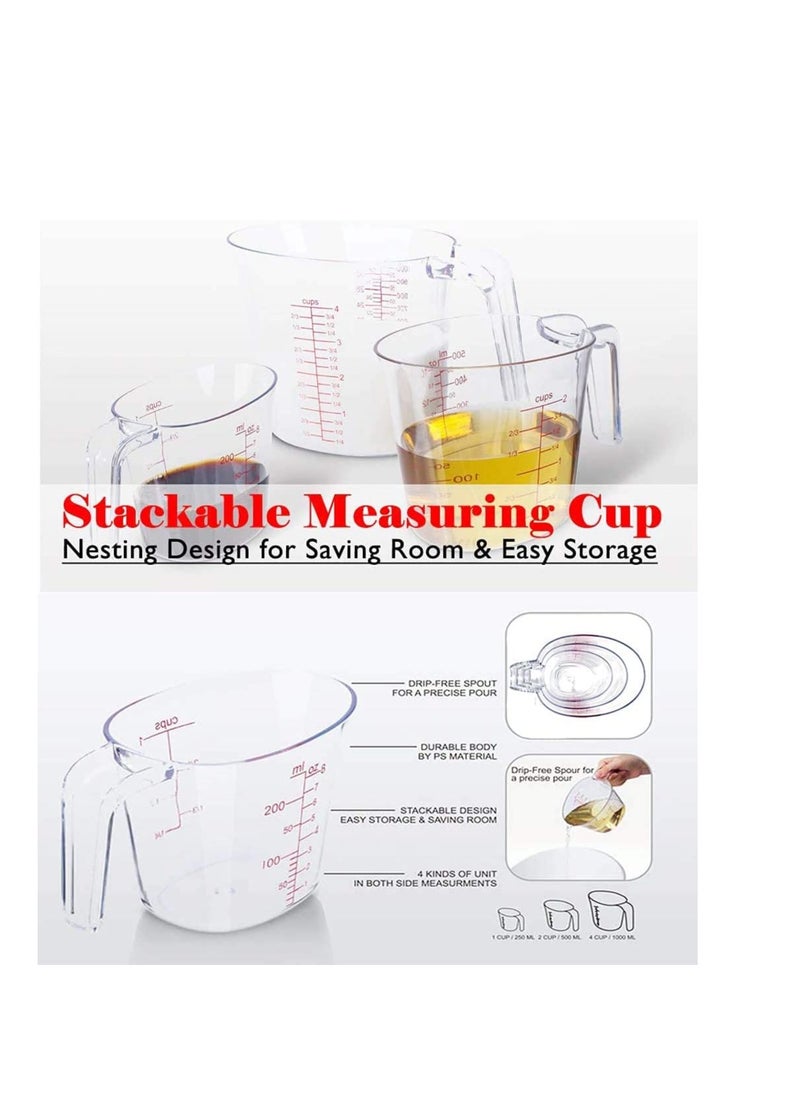 SYOSI - Measuring Cups Set 3Pcs Plastic Measuring Cup of BPA free with Plug in Nesting Handle Stackable Design and Multiple Measurement Scales Clear - Image 1