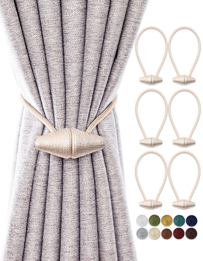 TECVINCI Magnetic Curtain Tiebacks with Upgrade Larger Magnet 6 Pack 16 Inch Drapery Holdbacks for Indoor  Outdoor Curtain  Beige