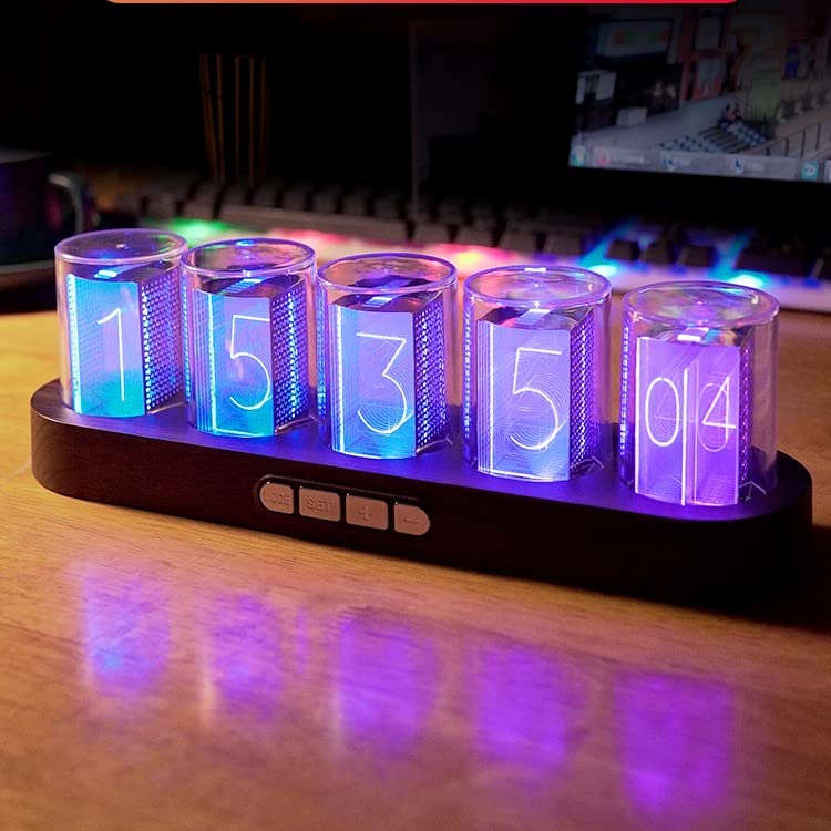 Adventurers Simulation Nixie Tube Clock, RGB Desk Clock, LED Tube Desk Clock with Imitation Wood Base & 24 Hour Clock, Suitable for Decorating Under Computer Monitor & on Bedside Table in Bedroom - Image 4