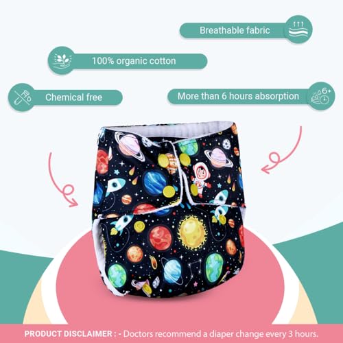 Little Pea Leak-Proof Cloth Diapers for Babies 3 Months -3 Years�High-Absorbency Combo Pack with 2 Cloth Diapers, 2 Insert Pads, and 2 Wet Bag (Fits 5-18kg) | Adjustable, Washable, 6-Hour Absorbency, Rash Free - Cosmic, Ocean - Image 2