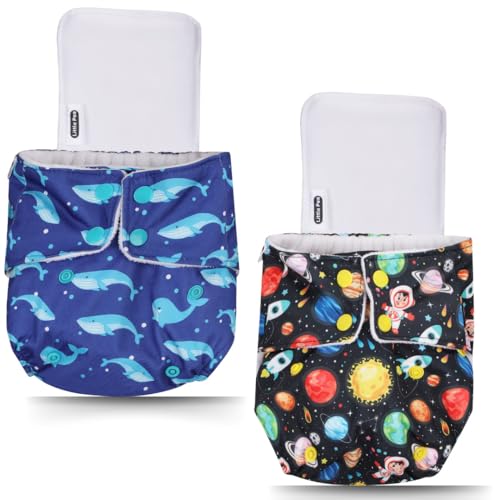 Little Pea Leak-Proof Cloth Diapers for Babies 3 Months -3 Years�High-Absorbency Combo Pack with 2 Cloth Diapers, 2 Insert Pads, and 2 Wet Bag (Fits 5-18kg) | Adjustable, Washable, 6-Hour Absorbency, Rash Free - Cosmic, Ocean - Image 1