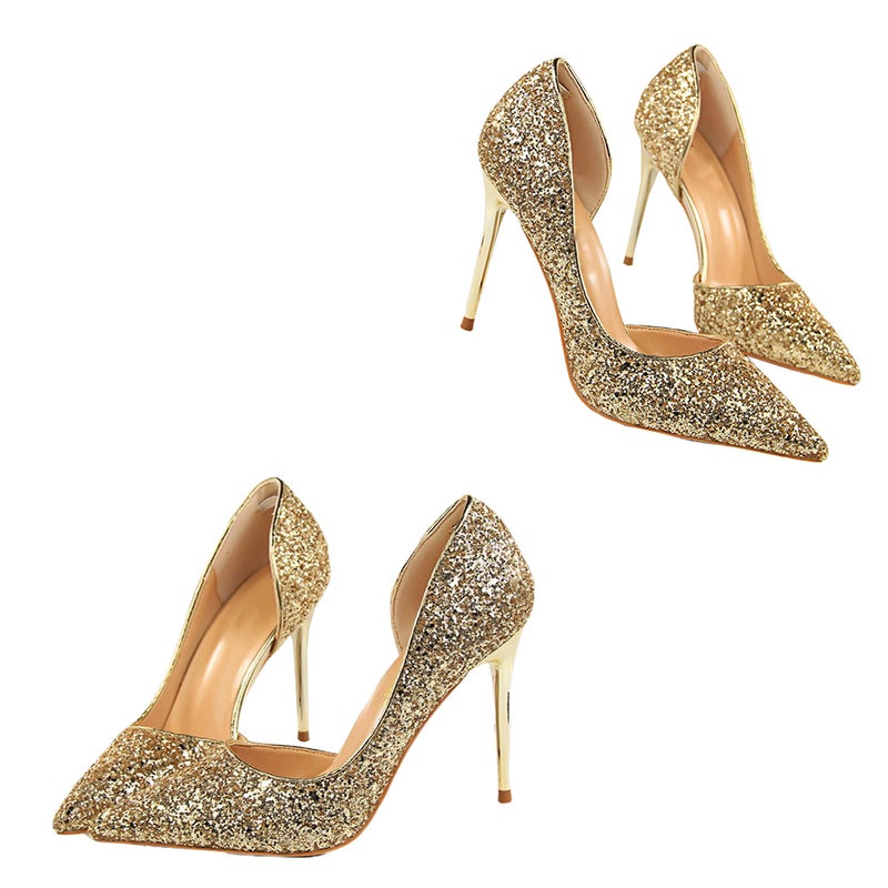 1 Pair Thin High Heel Shoes Elegant Shallow Mouth Pointed Toe Shoes High Heel Sequins Single Shoes Fashion Shoes Female Dress Shoes for Banquet Party Night Golden Size 37 EU37.5,US6.5,UK4 - Image 2