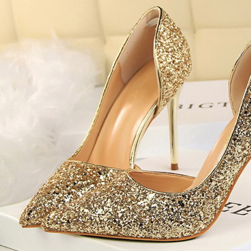 1 Pair Thin High Heel Shoes Elegant Shallow Mouth Pointed Toe Shoes High Heel Sequins Single Shoes Fashion Shoes Female Dress Shoes for Banquet Party Night Golden Size 37 EU37.5,US6.5,UK4 - Image 4