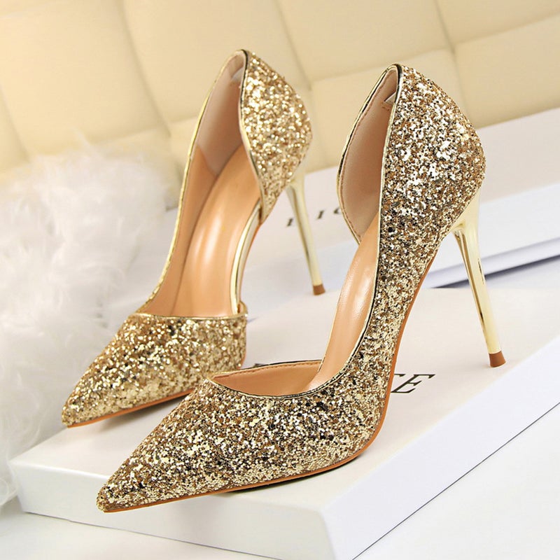 1 Pair Thin High Heel Shoes Elegant Shallow Mouth Pointed Toe Shoes High Heel Sequins Single Shoes Fashion Shoes Female Dress Shoes for Banquet Party Night Golden Size 37 EU37.5,US6.5,UK4 - Image 5