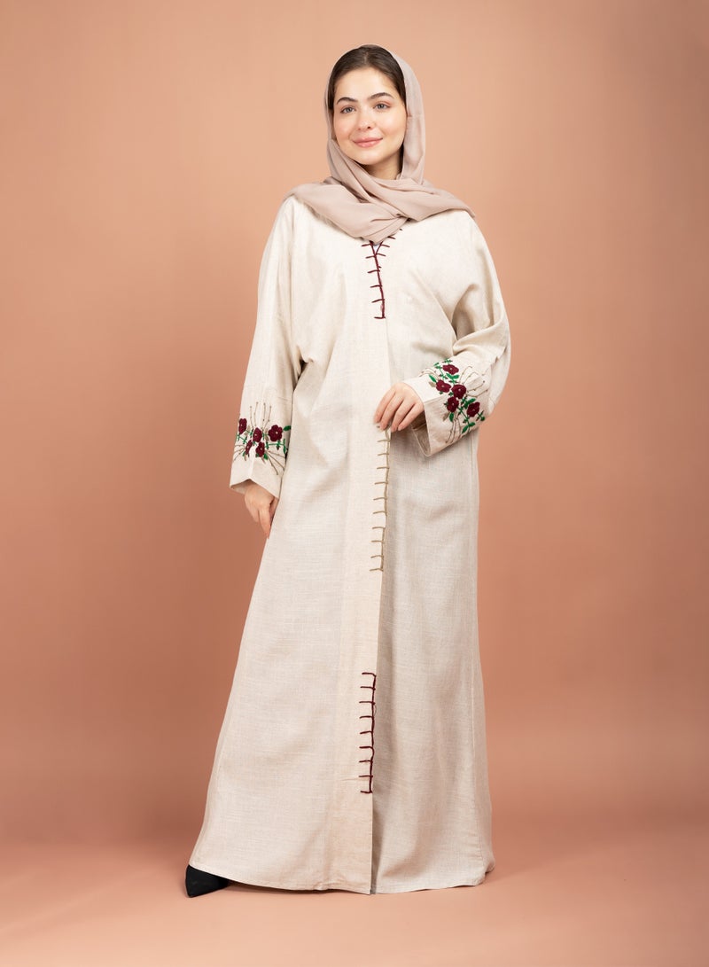 اكسا عباية إماراتية لينن بتطريز يدوي زهري - Image 1