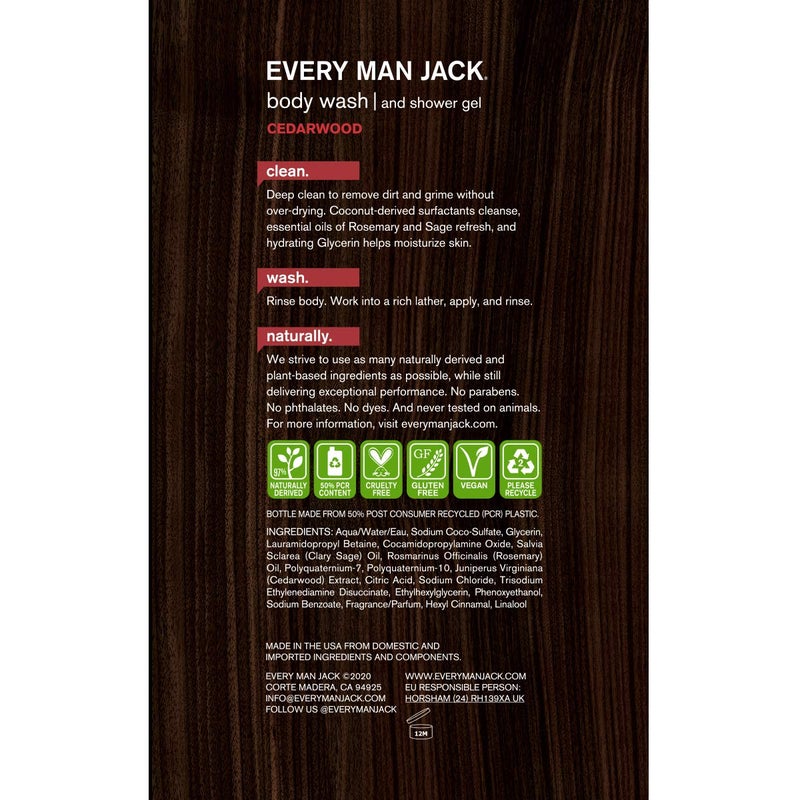 Every Man Jack Men's Body Wash - Cedarwood | 16.9-ounce Twin Pack - 2 Bottles Included | Naturally Derived, Parabens-free, Pthalate-free, Dye-free, and Certified Cruelty Free,16.9 Fl Oz (Pack of 2) - Image 2