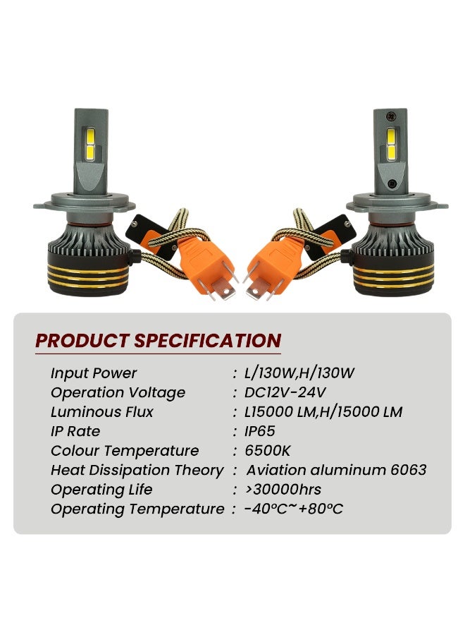 SPIDER M8 PRO Silver H4 LED Headlight Bulbs 130W 30000LM 6500K White Super-Focused Beam Aviation Aluminum 6063 Heat Sink IP65 Waterproof 12V–24V Long Life >30000hrs High Brightness +500% Anti-Glare Dual Beam Conversion Kit - Image 2