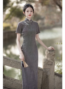 Generic 2024 Spring Summer New Chinese Style Artistic Comfortable Breathable Long Qipao Traditional Method Full Opening Modified Dress Black and gray 