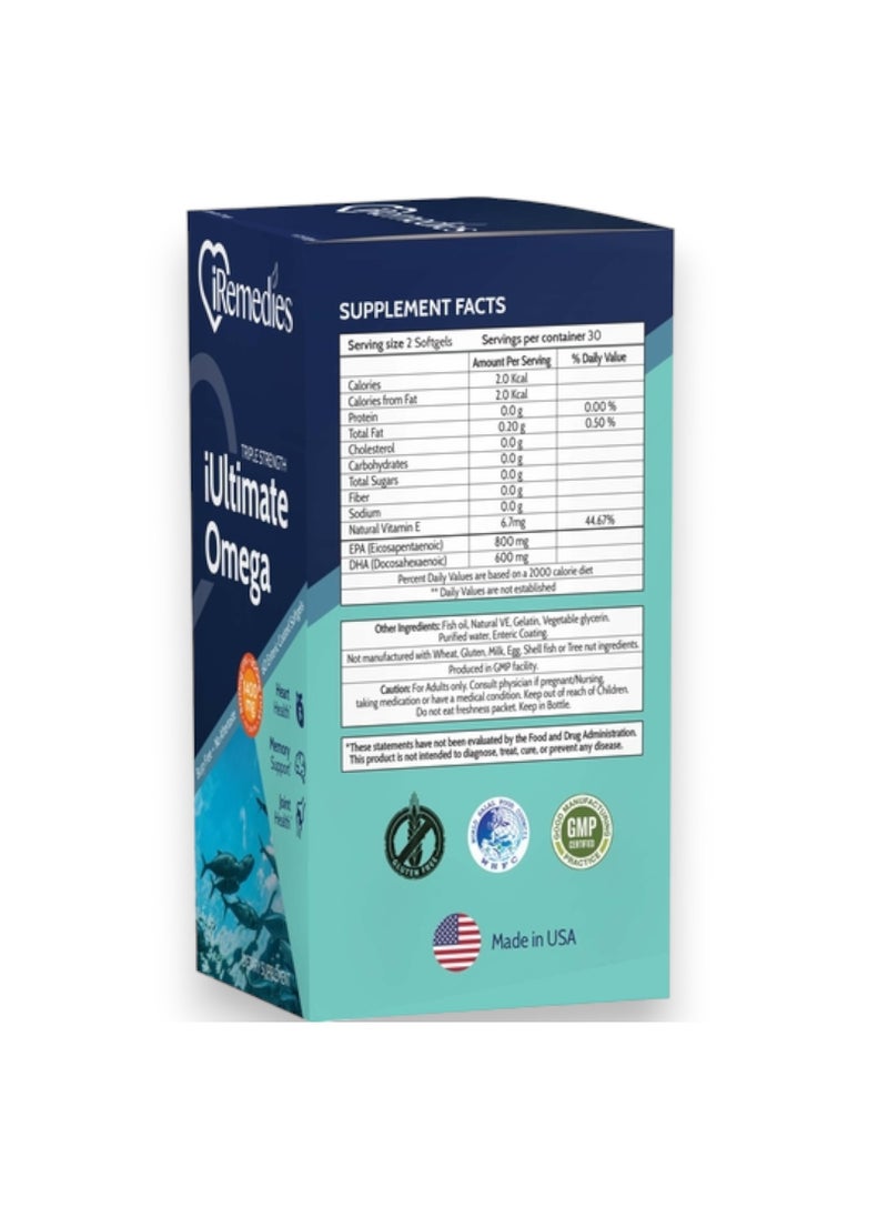 iRemedies - Iultimate Omega, 1400mg, 60 Enteric Coated Softgels, 30 Servings - Image 1