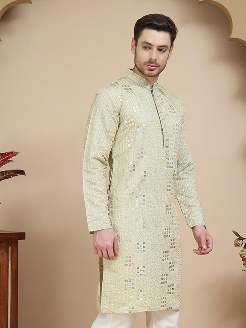 Jompers Embroidered & Sequins Kurtas for Men - Geometric Pattern, Long Sleeve, Mandarin Neck - Image 4