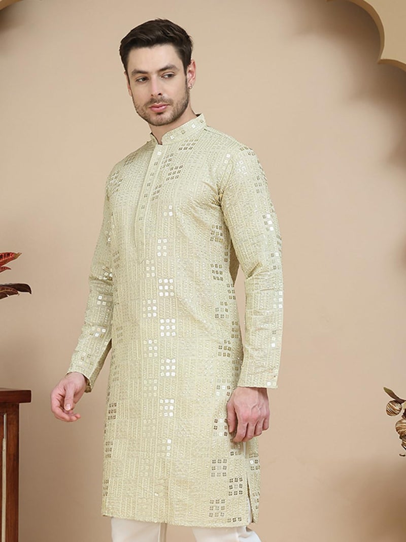 Jompers Embroidered & Sequins Kurtas for Men - Geometric Pattern, Long Sleeve, Mandarin Neck - Image 2