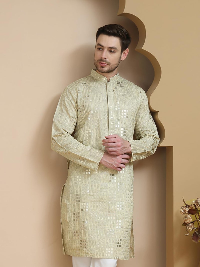 Jompers Embroidered & Sequins Kurtas for Men - Geometric Pattern, Long Sleeve, Mandarin Neck - Image 5