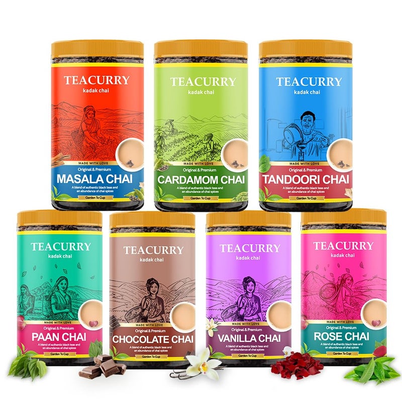 Teacurry Chai Combo of 7 - (700 gms = 7x100 gm Each) - Masala Chai, Cardamom Chai, Tandoori Chai, Paan Chai, Chocolate Chai, Vanilla Chai, Rose Chai - Natural Flavor Tasting Chai - Image 2