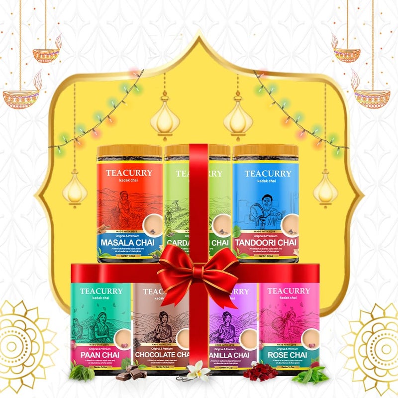 Teacurry Chai Combo of 7 - (700 gms = 7x100 gm Each) - Masala Chai, Cardamom Chai, Tandoori Chai, Paan Chai, Chocolate Chai, Vanilla Chai, Rose Chai - Natural Flavor Tasting Chai - Image 1