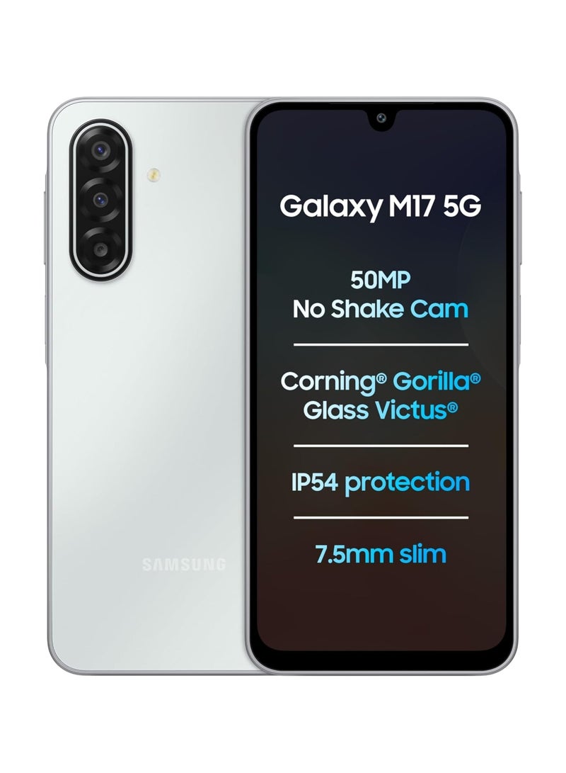 Samsung Galaxy M17 5G (Moonlight Silver, 4GB RAM, 128GB Storage)| Circle to Search| Gemini Live| 50MP OIS Triple Camera| IP54 Rating| Gorilla Glass Victus| AI| 6 Gen of OS Upgrades| Without Charger -Indian Version - Image 1