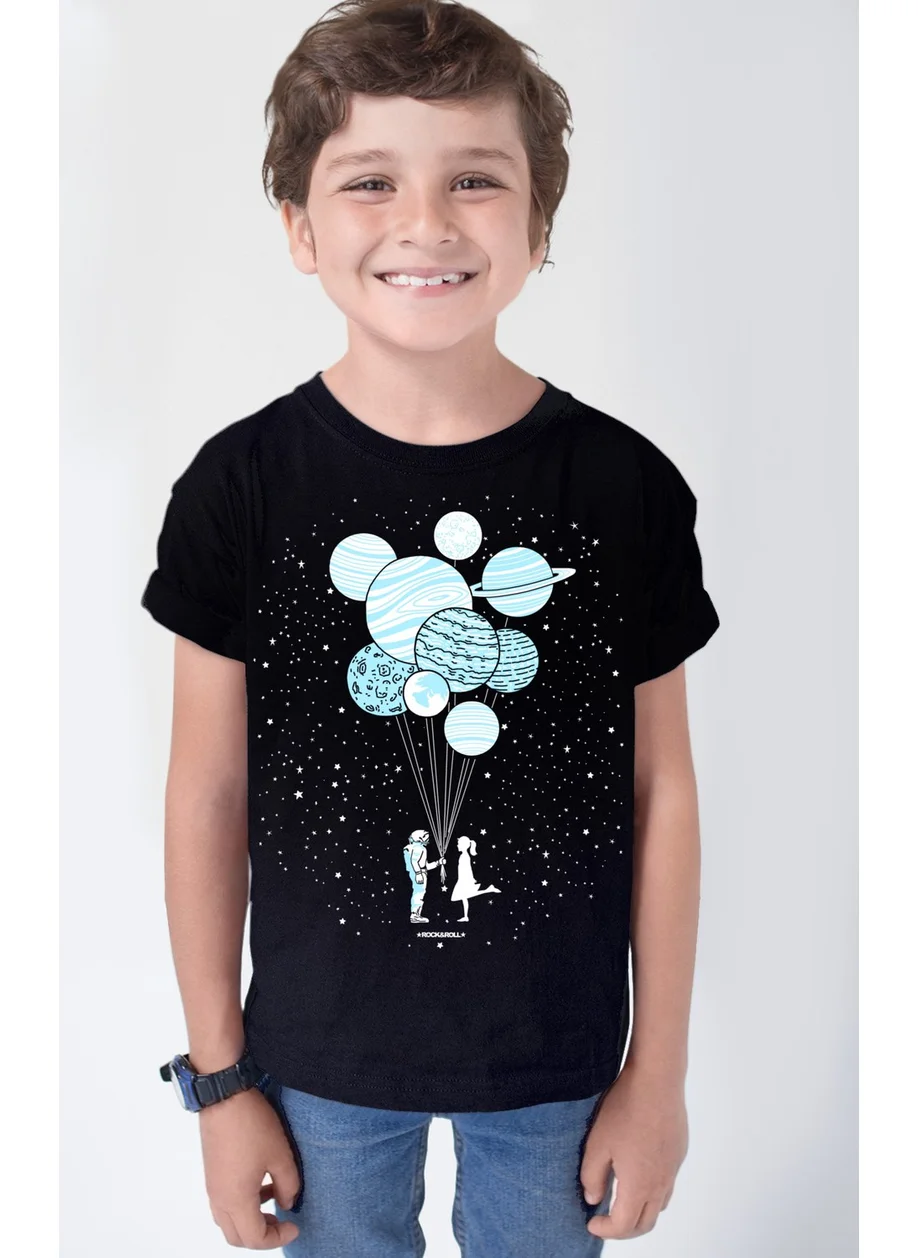 Rock&Roll Balloon Planets Black Short Sleeve Girls Boys Unisex Kids T-Shirt