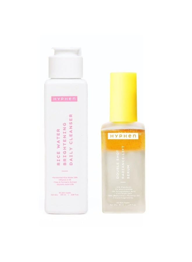 Hyphen Double Brightening Cleanse & Treat Combo |10% Rice Water Face Wash & 18% Brightening & 20% Collagen Boost Face Double shot Radiance - Lift Serum | Brightens & Treats Pigmentation | All Skin Types - Image 1