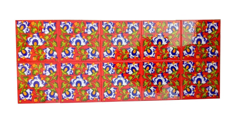 Shiv Kripa Blue Pottery Home Decor Tile Ceramic High Lighter Wall Bathroom Tiles 6 x 6 Inch Set of 10 Tiles Red Multi