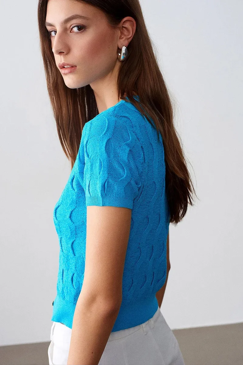 Dilvin Cerulean Blue DILVIN Women's Cropped Jacquard Button Cardigan for Women | Best Price UAE