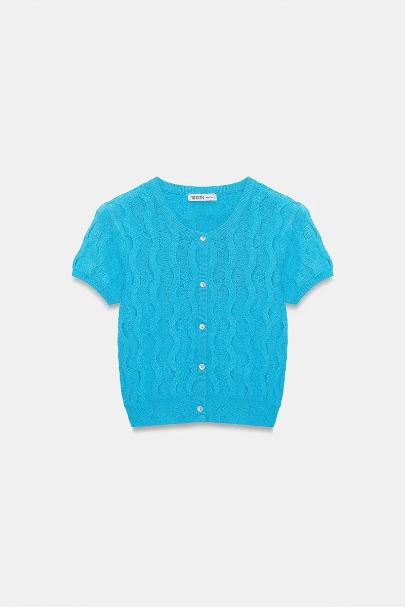 Dilvin Cerulean Blue DILVIN Women's Cropped Jacquard Button Cardigan for Women | Best Price UAE