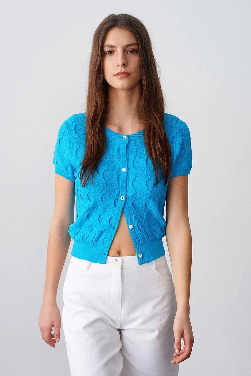 Dilvin Cerulean Blue DILVIN Women's Cropped Jacquard Button Cardigan for Women | Best Price UAE