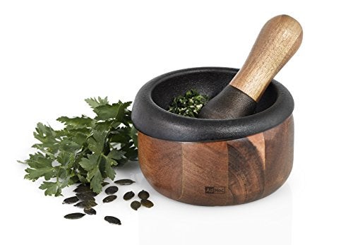 AdHoc MO20 CRUSH Pestle & Mortar | Cast Iron/Acacia Wood | Spice Grinder/Herb Grinder | (H)75mm x (D)130mm | Brown/Black - Image 1