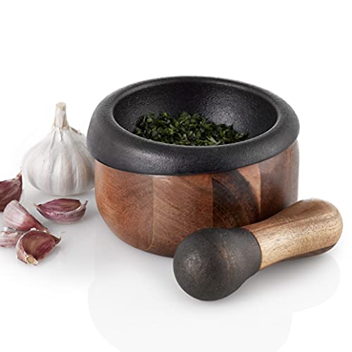 AdHoc MO20 CRUSH Pestle & Mortar | Cast Iron/Acacia Wood | Spice Grinder/Herb Grinder | (H)75mm x (D)130mm | Brown/Black - Image 3