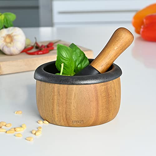 AdHoc MO20 CRUSH Pestle & Mortar | Cast Iron/Acacia Wood | Spice Grinder/Herb Grinder | (H)75mm x (D)130mm | Brown/Black - Image 4