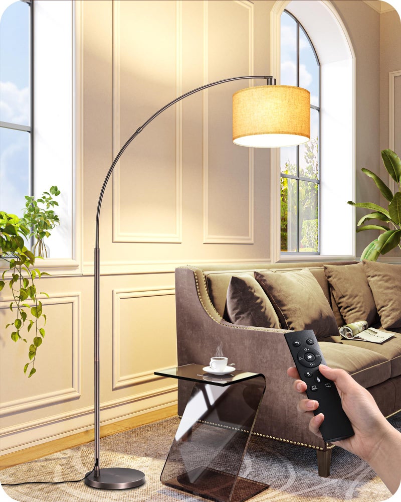 EDISHINE Dimmable Mid Century Modern Floor Lamp with Remote, Tall Arc Standing Lamps with Adjustable Drum Shade, Standing Corner Light for Living Room, Bedroom, Dining Room, Bronze - Image 1