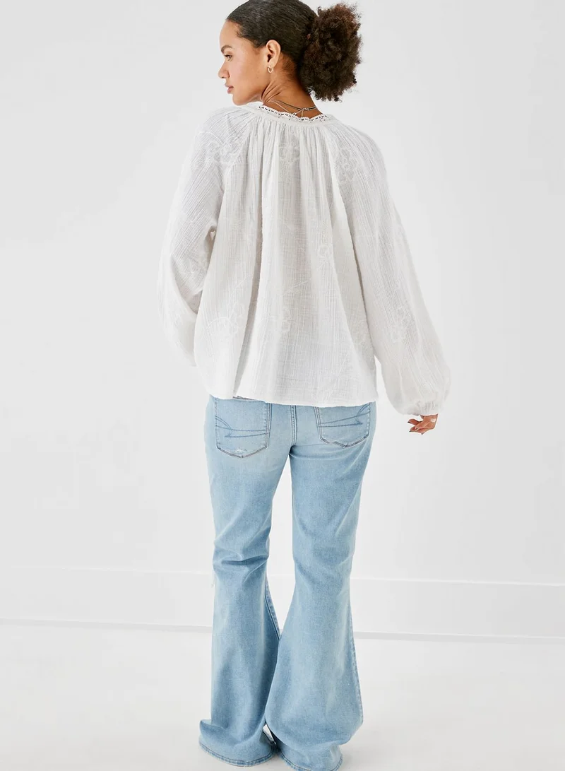 American Eagle Puff Sleeve Button Detail Top