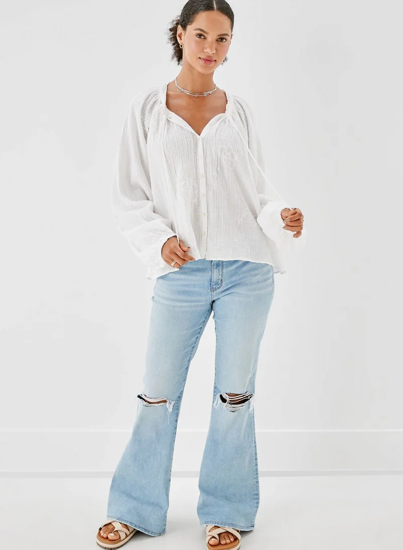 American Eagle Puff Sleeve Button Detail Top