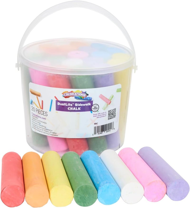 Colorations طباشير قابلة للغسل في دلو تخزين، 20 قطعة، 8 ألوان متنوعة، طباشير للمدخل للأطفال، طباشير خارجية، طباشير خالية من الغبار للأطفال، تعليم منزلي، استخدام في المدرسة المنزلية - Image 1