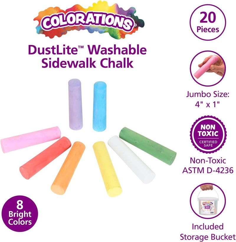 Colorations طباشير قابلة للغسل في دلو تخزين، 20 قطعة، 8 ألوان متنوعة، طباشير للمدخل للأطفال، طباشير خارجية، طباشير خالية من الغبار للأطفال، تعليم منزلي، استخدام في المدرسة المنزلية - Image 2