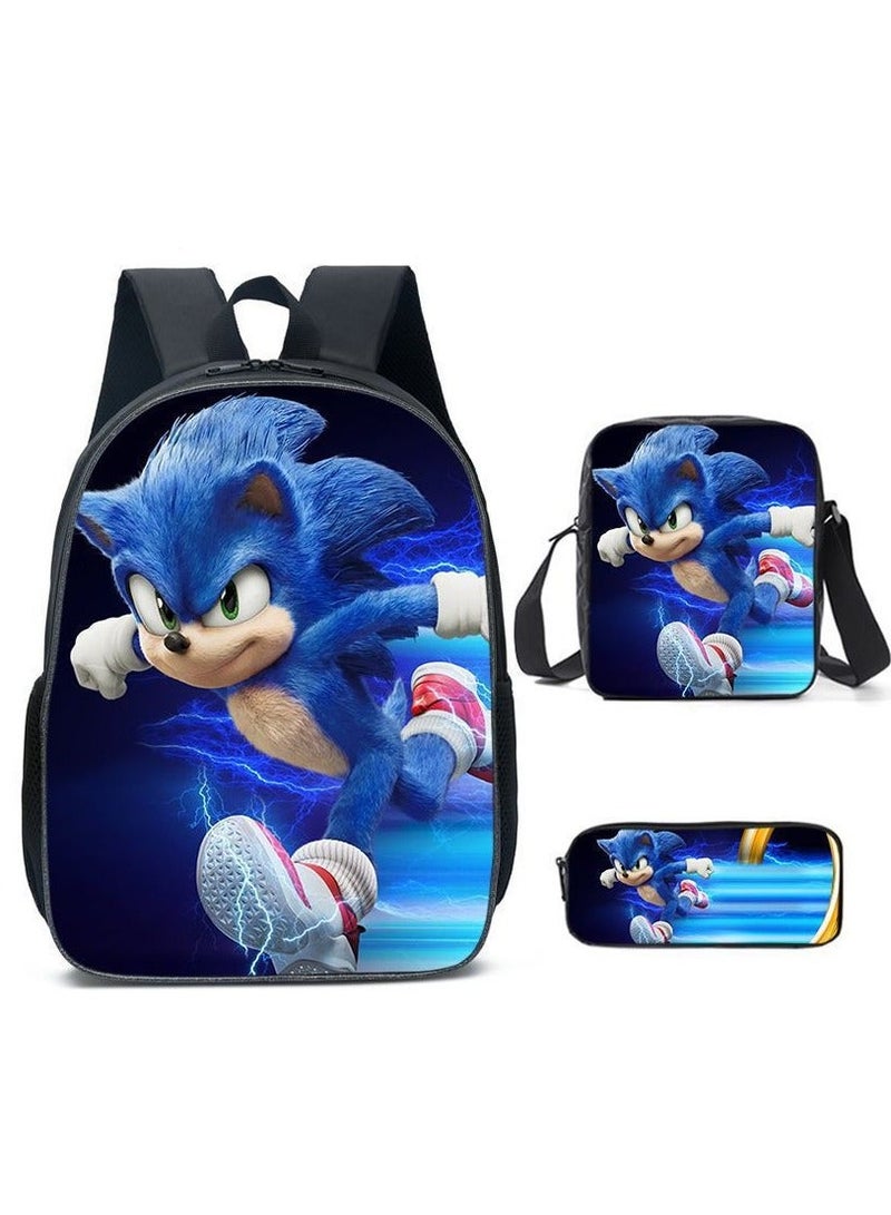 Sonic student large capacity backpack three piece set, anime cartoon backpack, shoulder bag pen bag