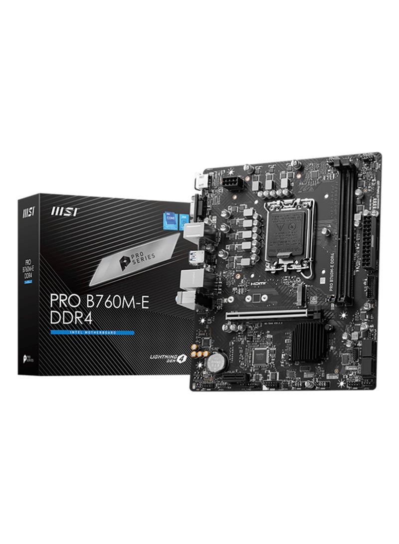 MSI PRO B760M-E DDR4 Intel LGA 1700 MATX Motherboard, Intel B760 Chipset, 2x DDR4 Slots, 64GB Max Memory, Gigabit LAN, 1x M.2, 4x USB 2.0 2x USB 3.2 G 1x HDMI, 1x VGA Black - Image 1