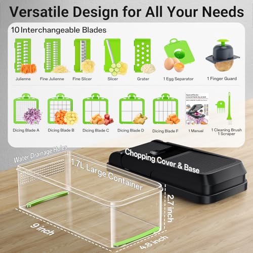 SpaceHacks 15in1 Vegetable Chopper Kitchen Gadgets with 10 Blades Veggie Food Onion Chopper Cucumber Slicer Versatile Mandoline Includes Egg Separator Finger Guard Green - Image 3