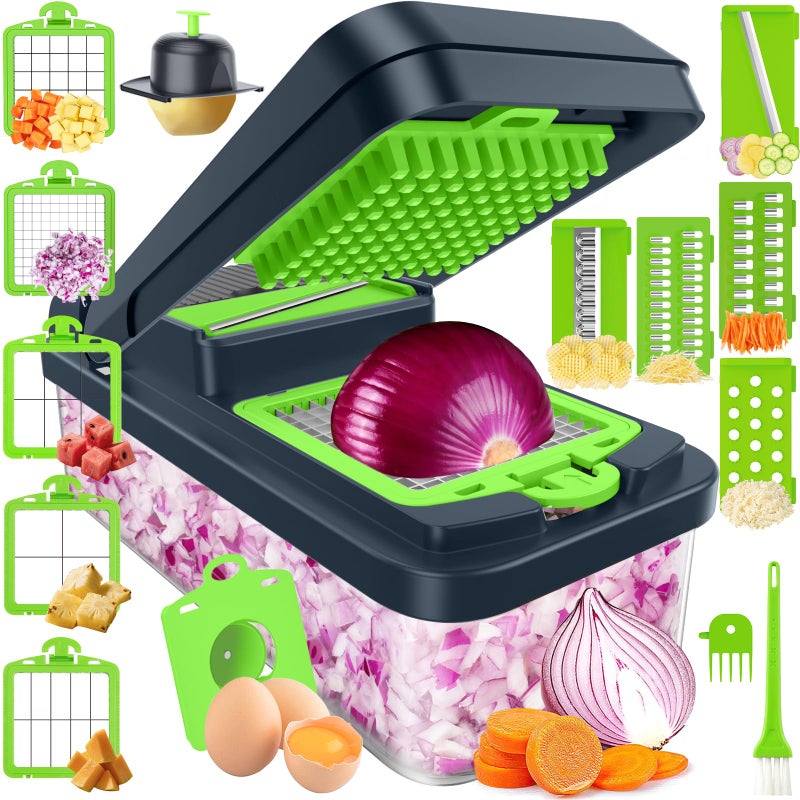 SpaceHacks 15in1 Vegetable Chopper Kitchen Gadgets with 10 Blades Veggie Food Onion Chopper Cucumber Slicer Versatile Mandoline Includes Egg Separator Finger Guard Green - Image 2