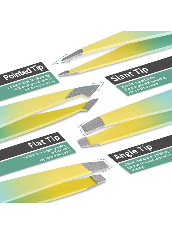 TsMADDTs 7PCS Tweezers Set for Women Facial Hair, Precision Tweezer for Eyebrows with Curved Scissor and Eyebrow Razor for Ingrown Hair, Yellow&Green - Image 2