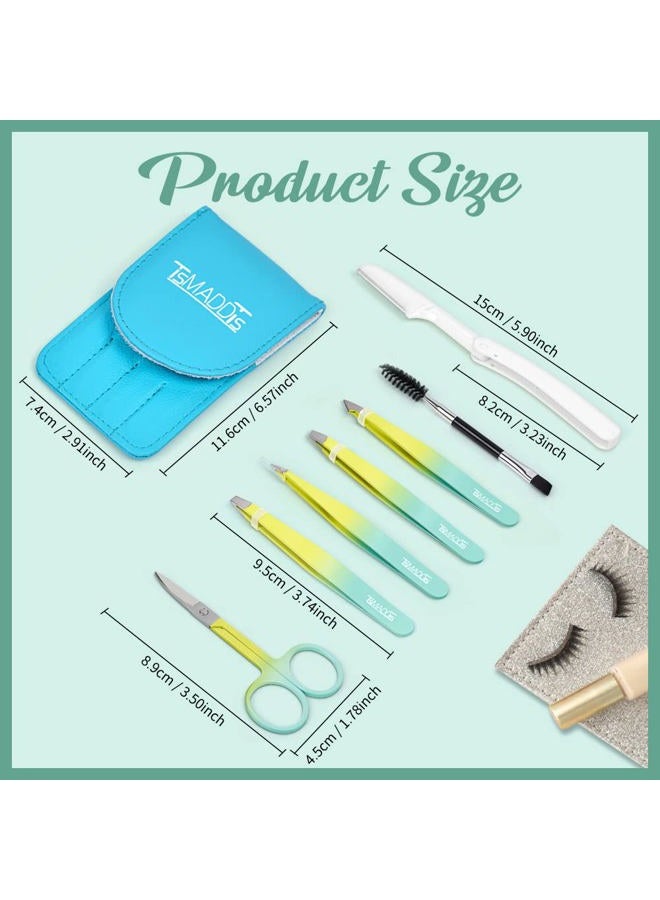 TsMADDTs 7PCS Tweezers Set for Women Facial Hair, Precision Tweezer for Eyebrows with Curved Scissor and Eyebrow Razor for Ingrown Hair, Yellow&Green - Image 5