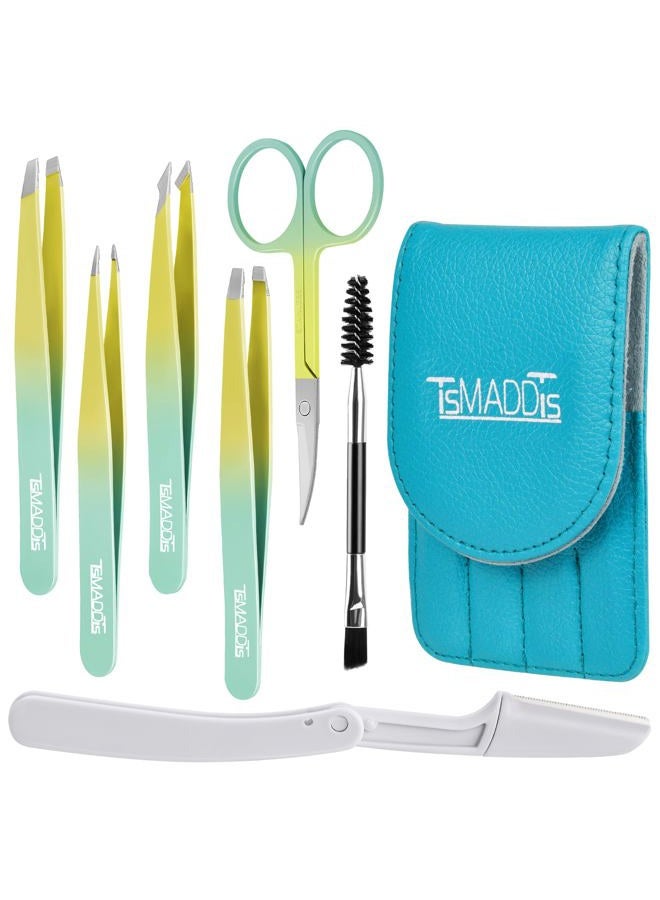 TsMADDTs 7PCS Tweezers Set for Women Facial Hair, Precision Tweezer for Eyebrows with Curved Scissor and Eyebrow Razor for Ingrown Hair, Yellow&Green - Image 1