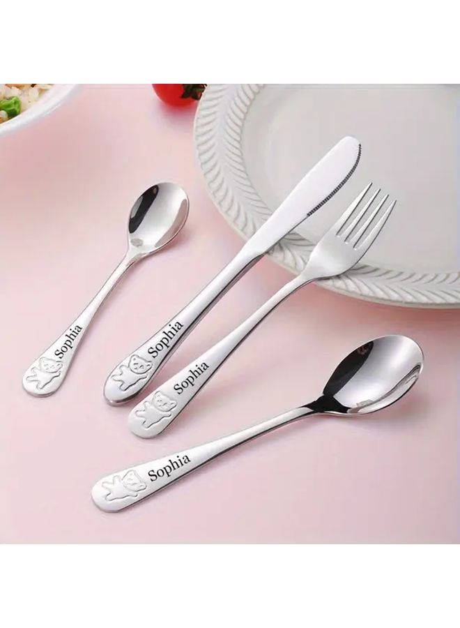 Silver Personalized 4pc Stainless Steel Engraved Tableware Set Custom Name Laser Etched Birthday Gift - Image 1