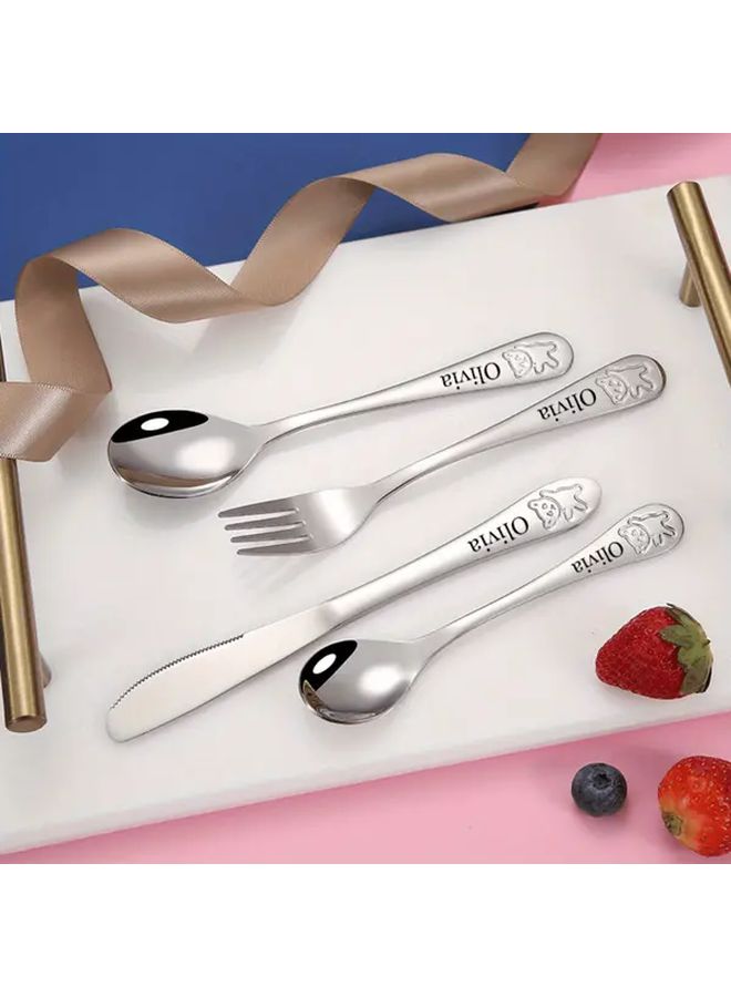 Silver Personalized 4pc Stainless Steel Engraved Tableware Set Custom Name Laser Etched Birthday Gift - Image 3