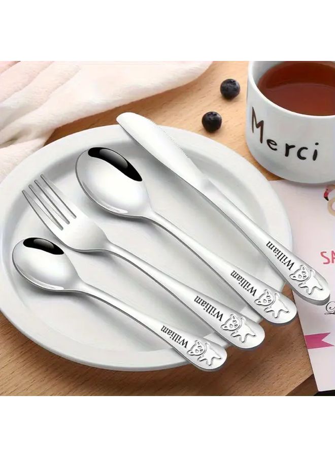 Silver Personalized 4pc Stainless Steel Engraved Tableware Set Custom Name Laser Etched Birthday Gift - Image 4