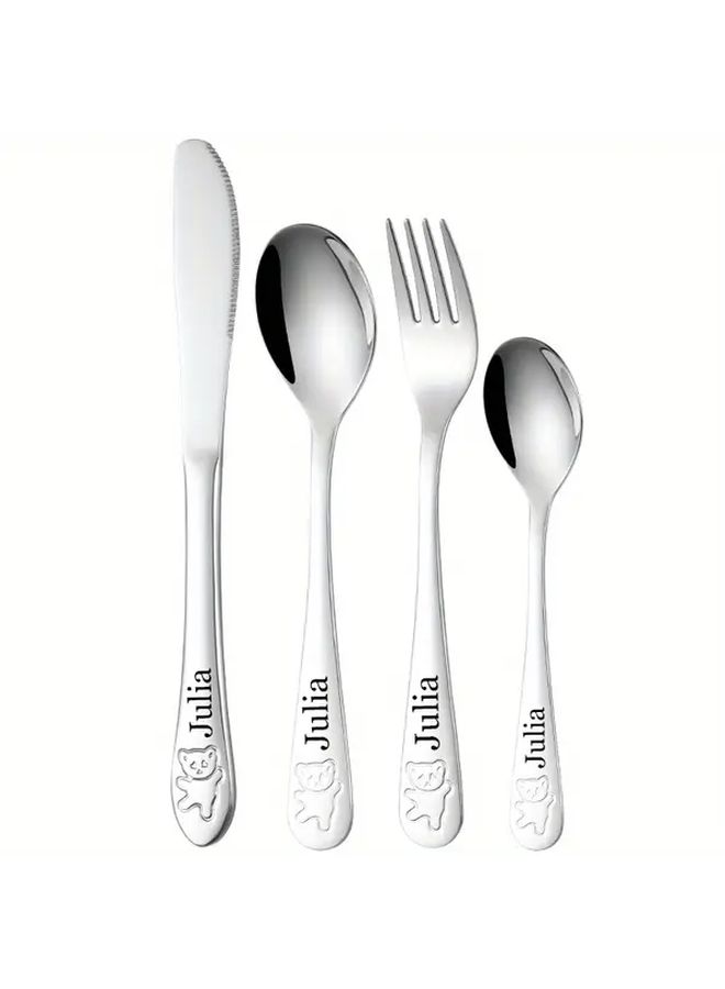 Silver Personalized 4pc Stainless Steel Engraved Tableware Set Custom Name Laser Etched Birthday Gift - Image 5