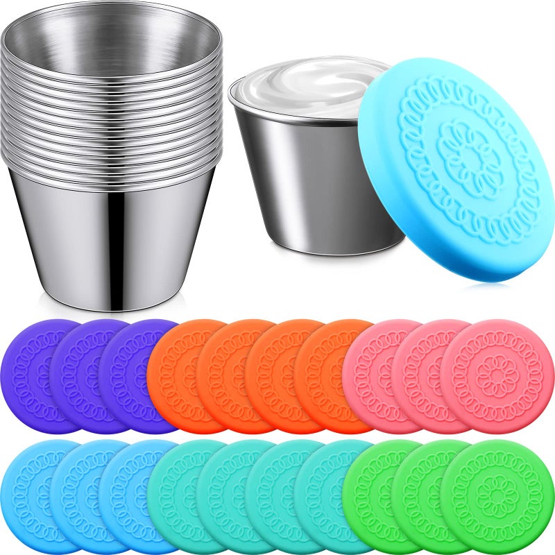 Potchen 20 Pack Dipping Cups with Lid  2.5 oz Stainless Steel Dipping Sauce Cups  Condiment Containers with Lid  Freezer Cups with Leakproof Silicone Lid  Sauce Cups with Lid  Mini Food Storage Box - Image 1