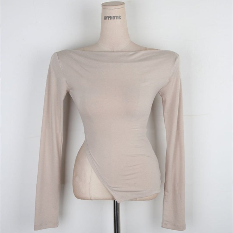 South Korea'S Dongdaemun Spring And Style One-Line Collar, Off-Shoulder Slit, Thin, Slightly See-Through, Figure-Showing Long-Sleeved T-Shirt - Image 1