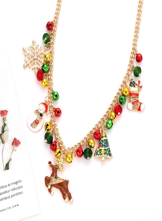 CEALXHENY Christmas Bell Necklaces X-Mas Tree Snowman Snowflake Pendant Necklaces Statement Chunky Chain Necklace for Women Holiday Christmas Gift (Gold) - Image 4